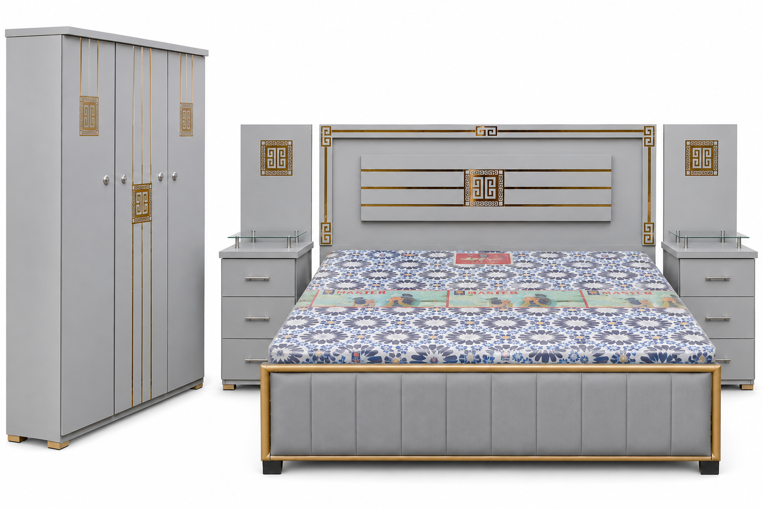 Grey and gold bedroom set with bed, wardrobe and side tables