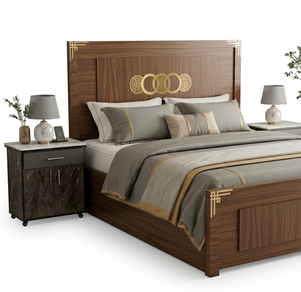 Walnut king bed with gold inlay headboard and marble-top side table