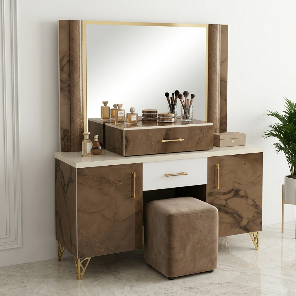 Marble-finish dressing table with mirror, gold legs and upholstered stool