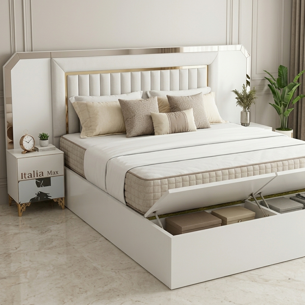 White and gold hydraulic storage bed with mirrored headboard panels