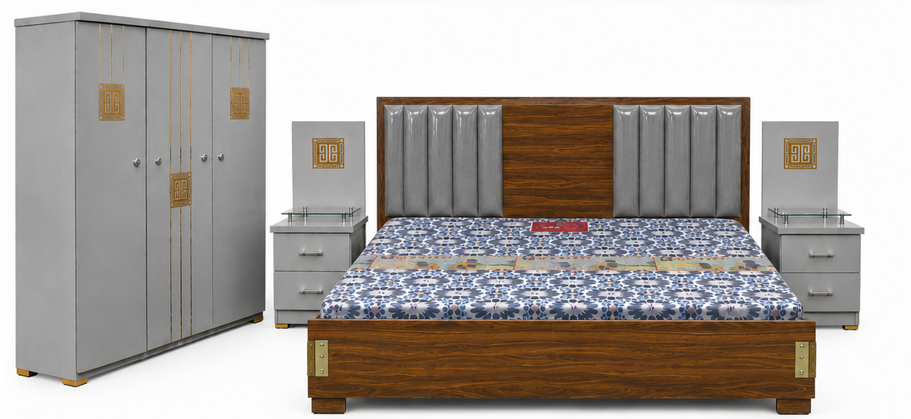 Wood and upholstered bed set with matching wardrobe and side tables