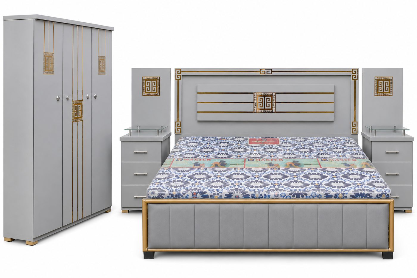 Grey and gold bedroom set with bed, wardrobe and side tables