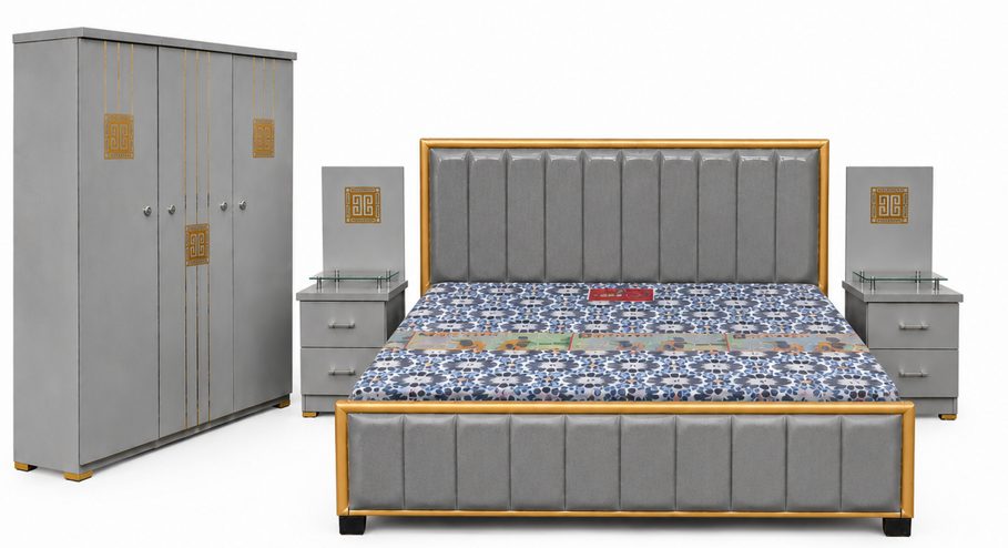 Grey channel-tufted bed set with wardrobe and side tables