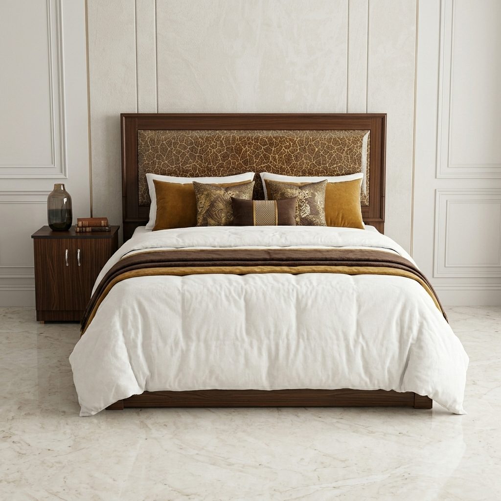 Classic walnut bed with inlaid gold headboard panel