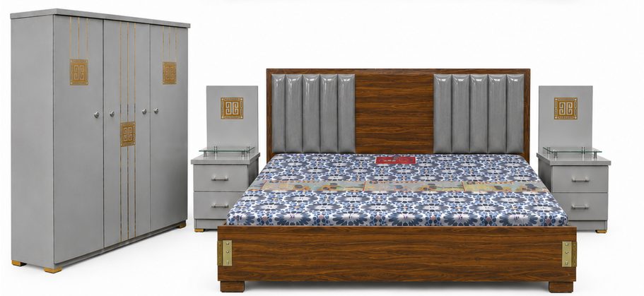 Wood and upholstered bed set with matching wardrobe and side tables
